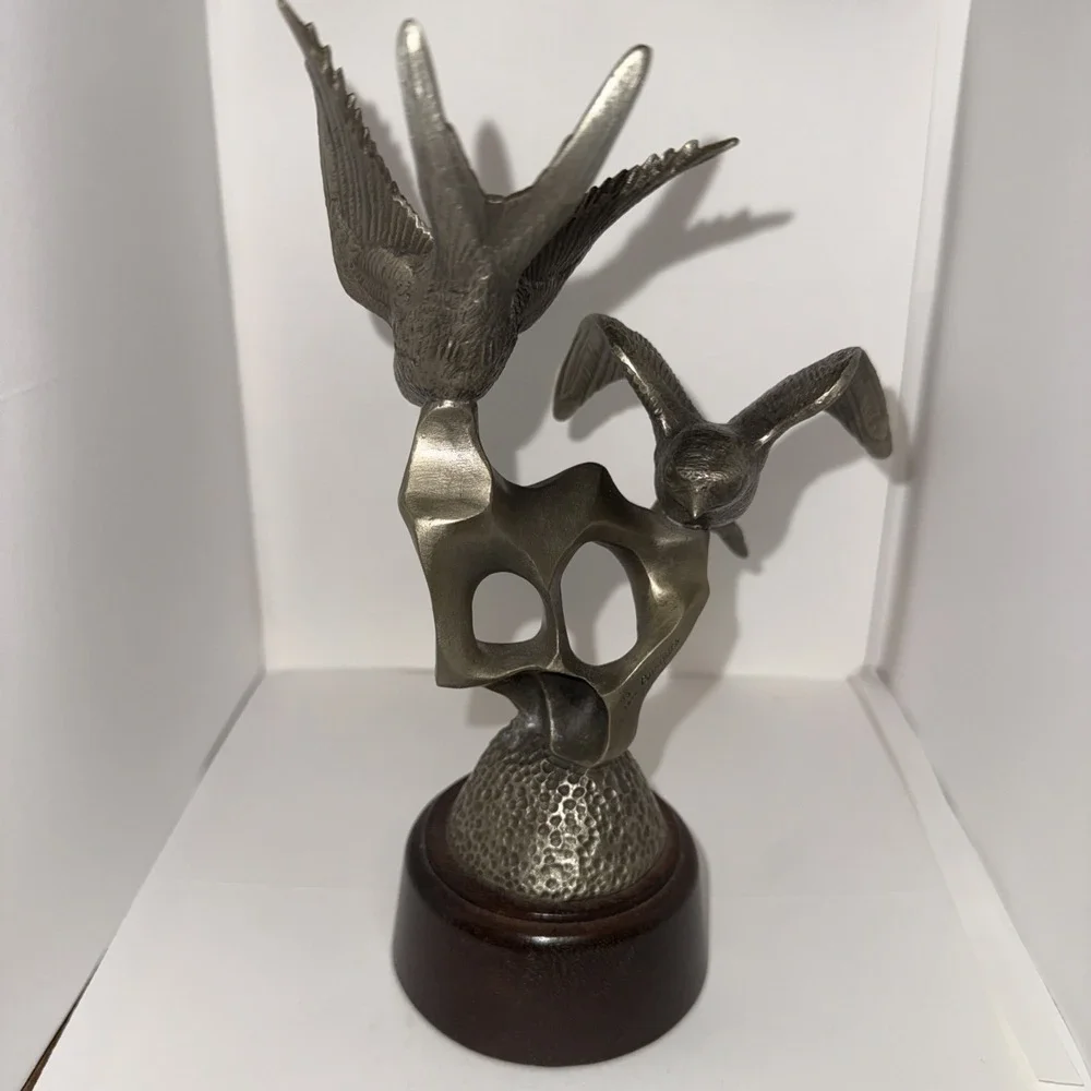 1976 Barn Swallows Irving Burgues Birds‎ Pewter Sculpture Signed Wood Base #1616